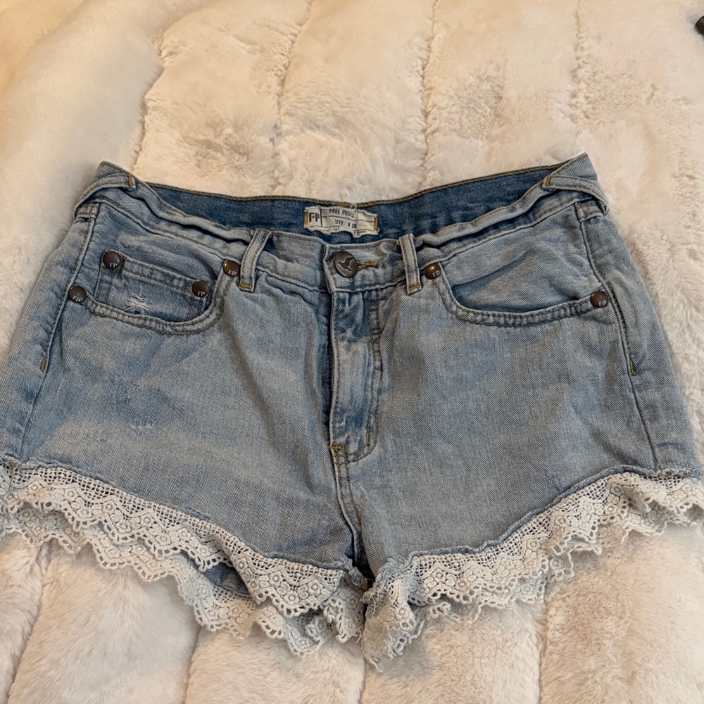 Free People Light Blue Jean Shorts with Lace Trim